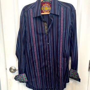 Robert Graham Blue and Purple Casual Button Down Shirt with Stripes